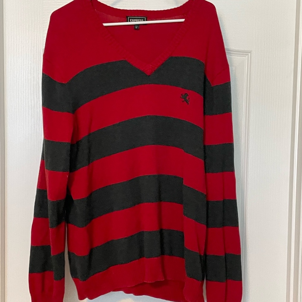 Express mens L sweater red and grey stripes